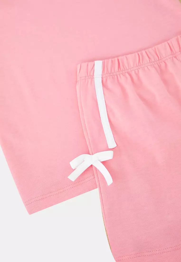 Pink Girl's 100% Cotton Ribbon Detailed Short Sleeve Knitted Pajamas Set Tkdss25Pt00038