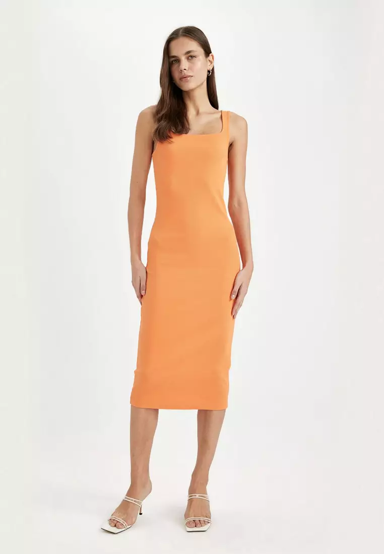 Bodycon Fitted Basic Plain Square Neck Ribbed Camisole Sleeveless Midi Dress