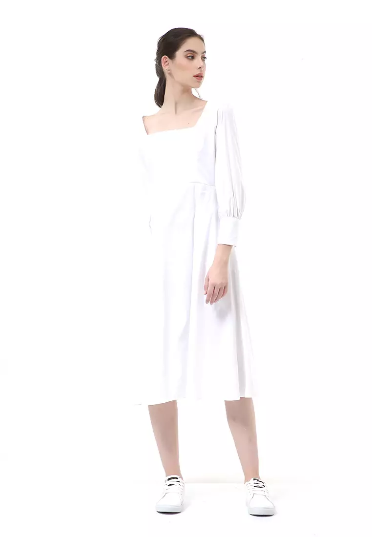 Rachel Midi Dress Wanita Leher Kotak Lengan Panjang Motif Polos Material Cotton ORIGINAL - White