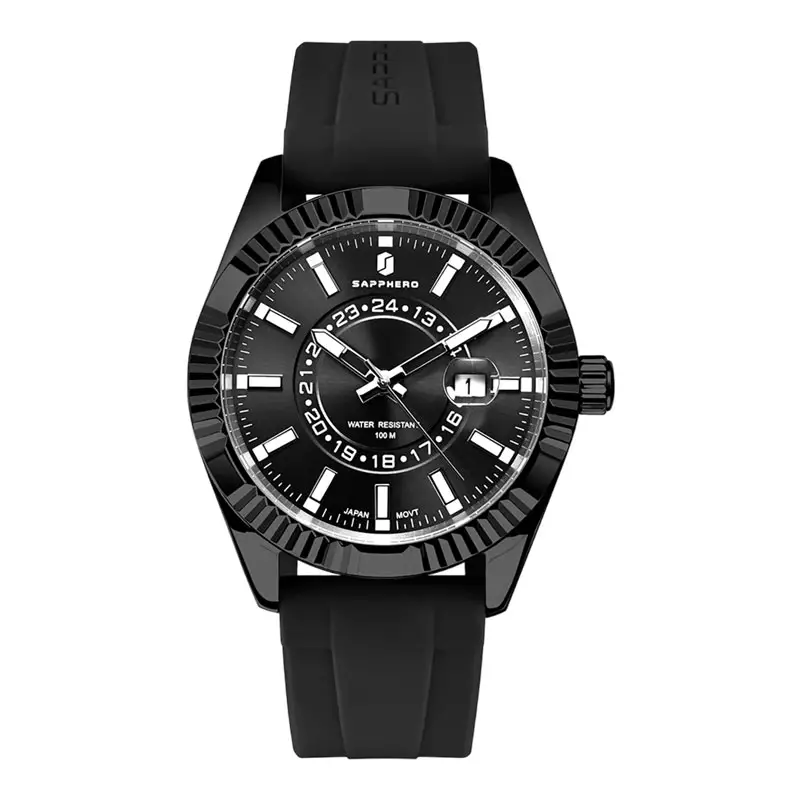 Jam Tangan Pria Sapphero SO-2101-3BLKBLKBLK Men Black Dial Black Silicone Strap