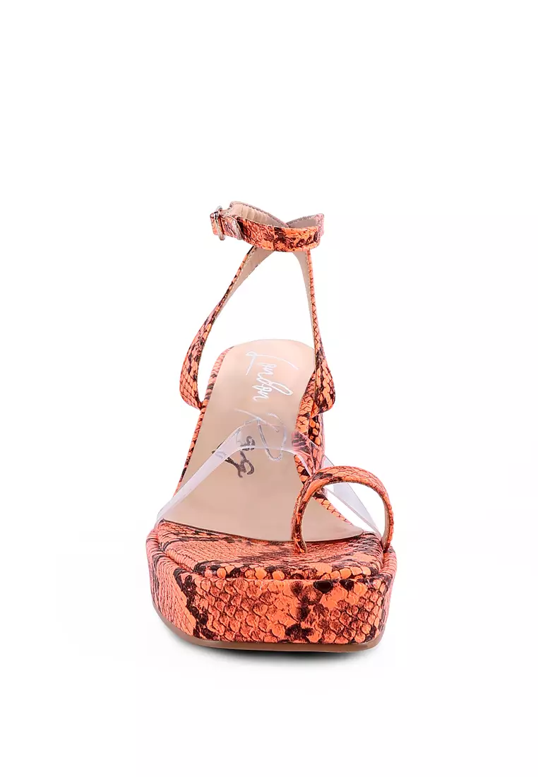 Orange Snake Pattern Block Heeled Sandals