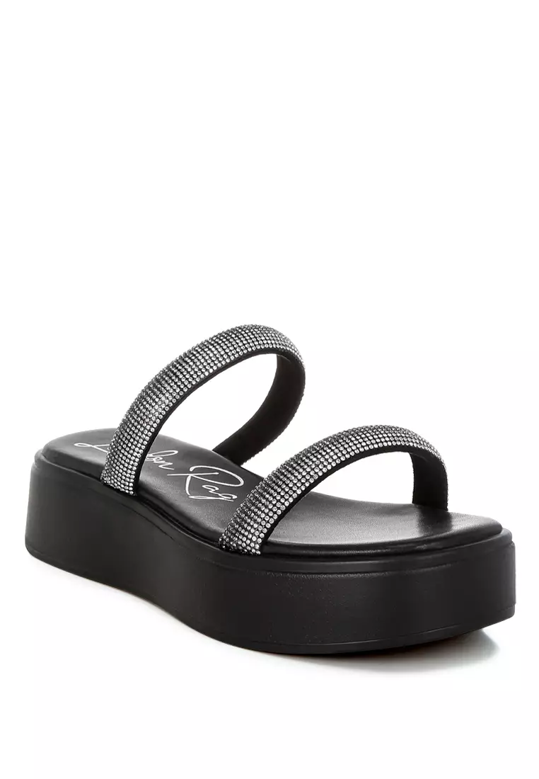 Sandal Platform Berhias Berlian Imitasi Tebal Warna Hitam