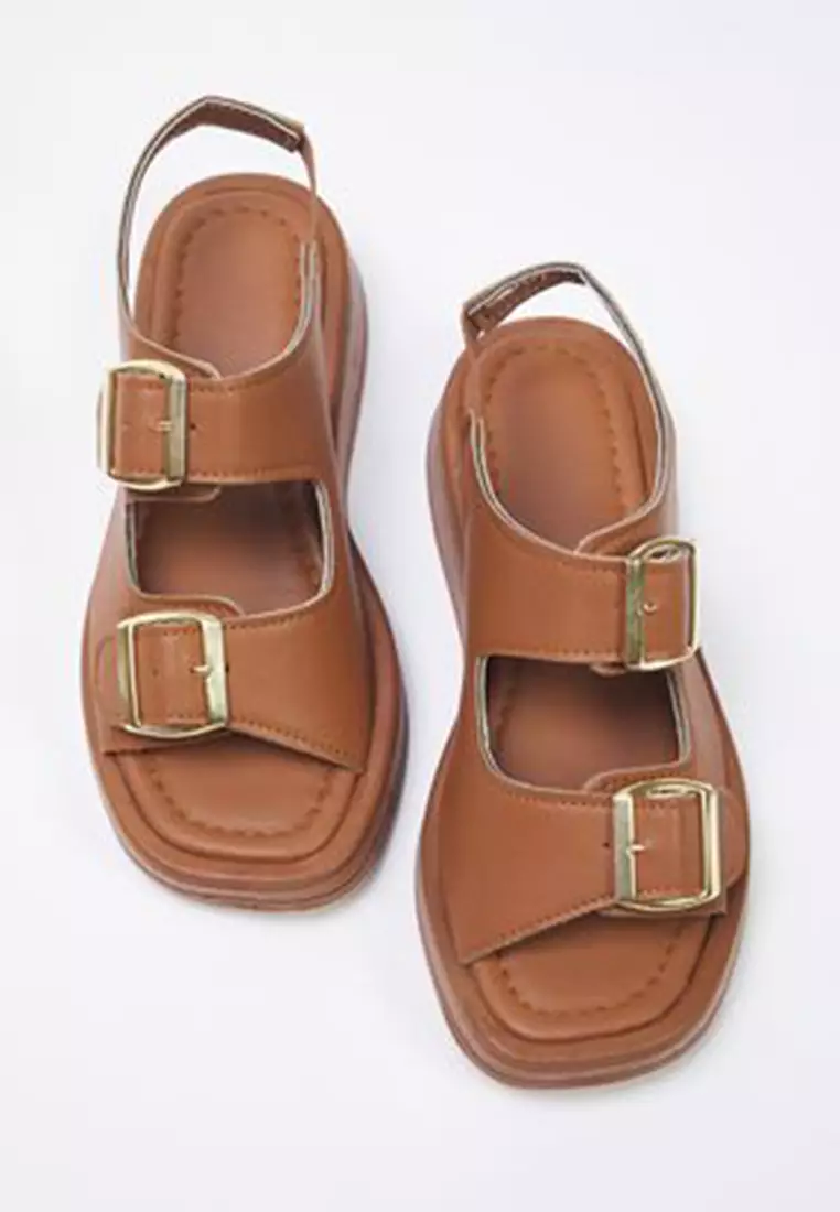Women's Thick Sole Sandals - Takaw25Sd00000 (Tan Double Buckle)