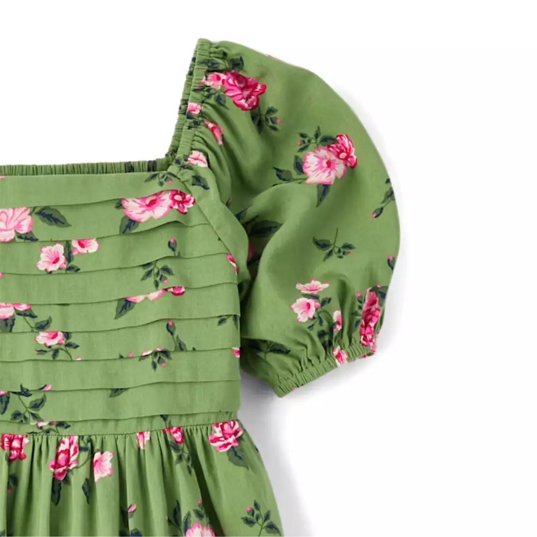 Girls Floral Pleated Ruffle Dress - Baju Anak Perempuan (Hijau)