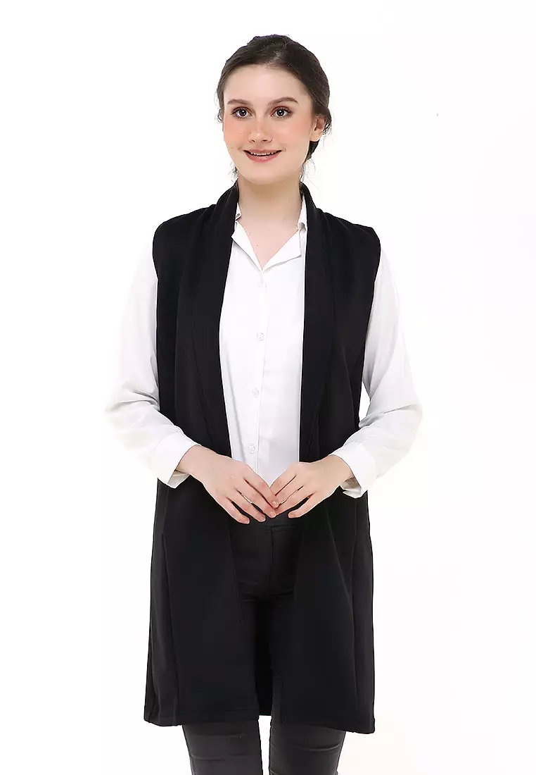 Qemsya Blazer Wanita Sleeveless Simple Casual Plain Outer Material Scuba ORIGINAL - Black