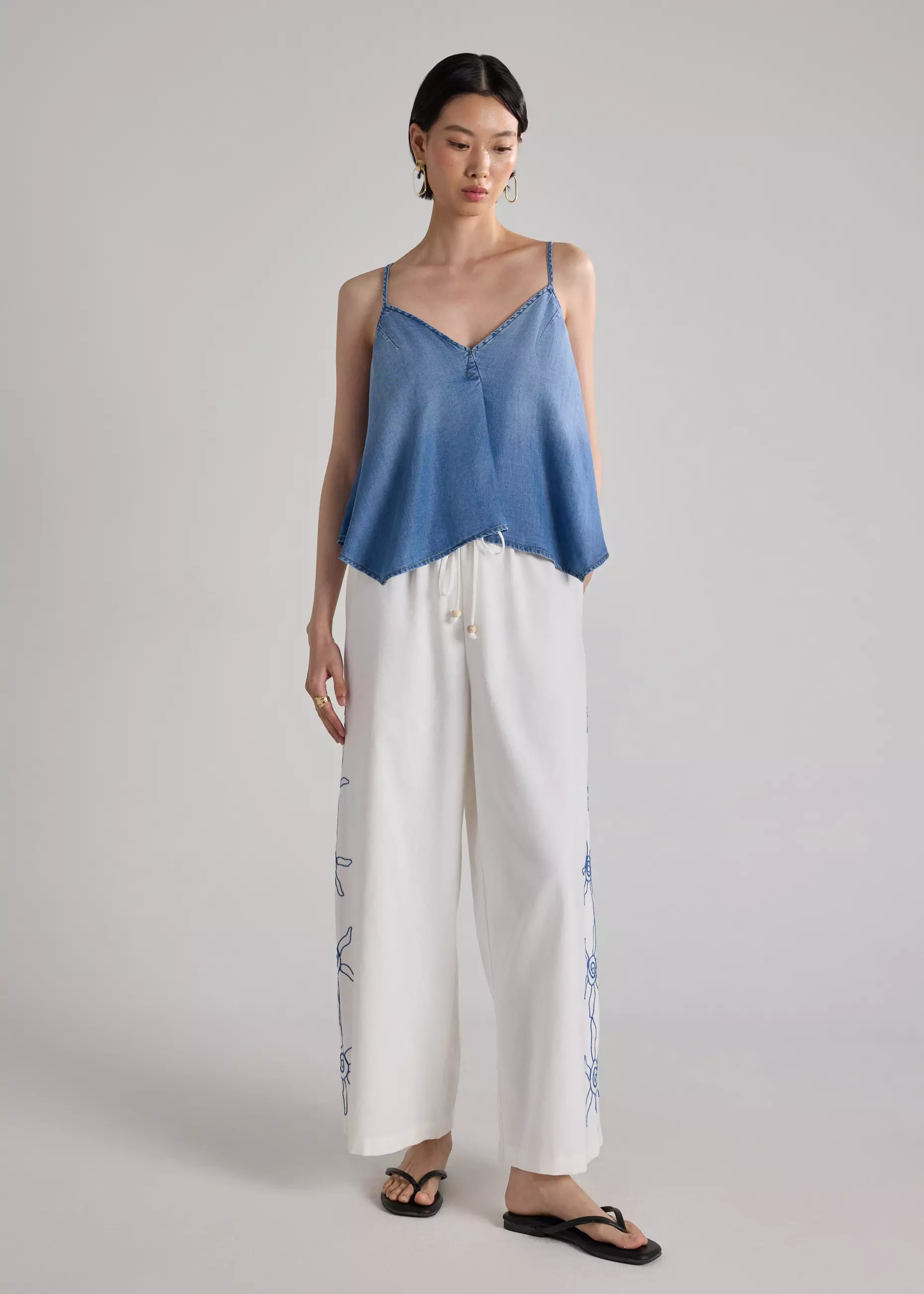 Celana Panjang Wanita - Wide Leg Drawstring Pants in Coastal Charm Embroidery