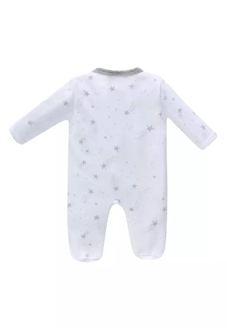 嬰兒男孩棉質連體睡衣 白色星星挖掘機 雙向拉鏈 連體衣