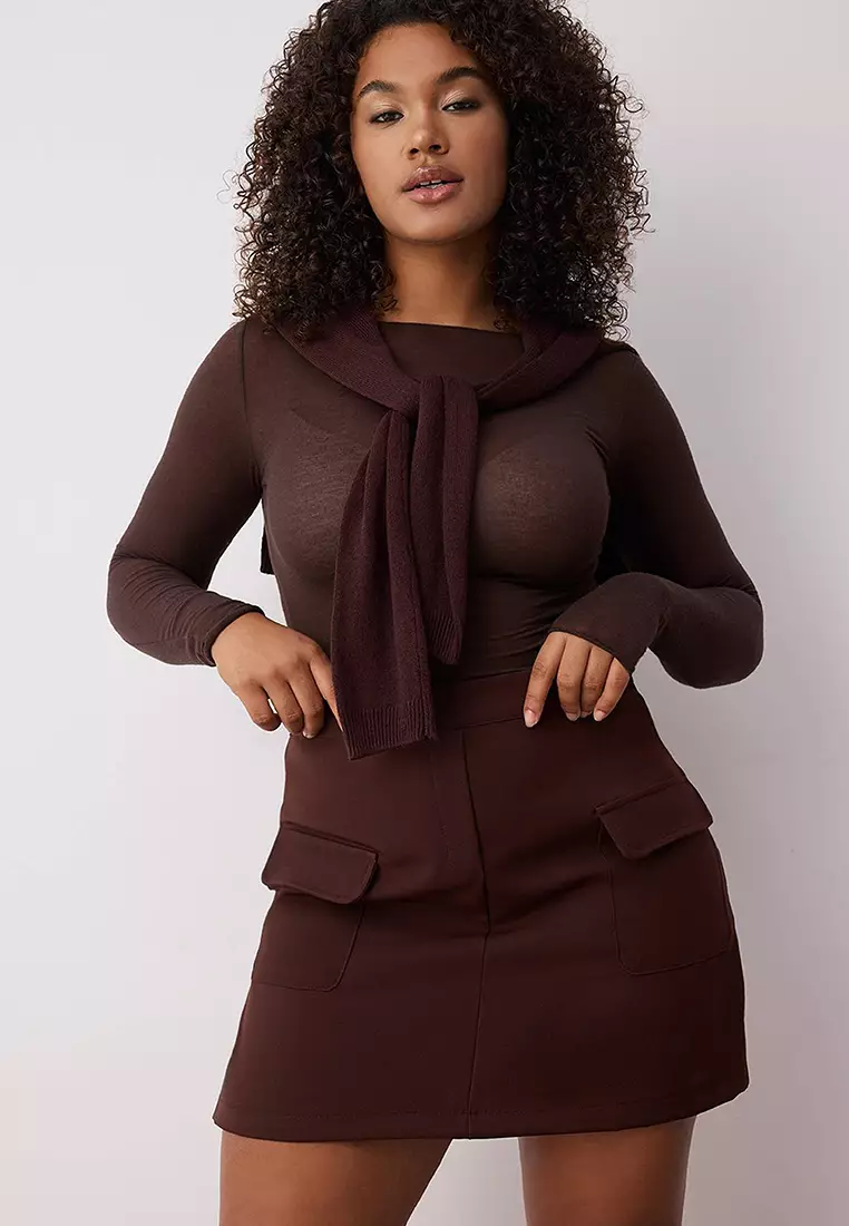 Brown Pocket Pencil Double Fabric Plus Size Skirt Tbbss23Az00051