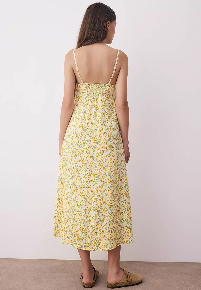 Yellow Floral Midi Woven Dress Tedss25El1