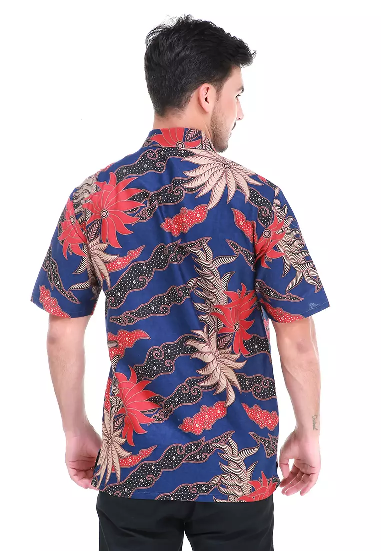 Dwan Kemeja Batik Pria Flora Atasan Formal Shortsleeve Shirt Material Cotton ORIGINAL - Blue