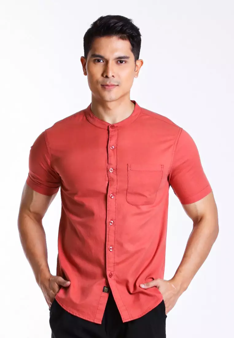 Forest Woven Mandarin Collar Short Sleeve Men Shirt | 621405-58BrickRed