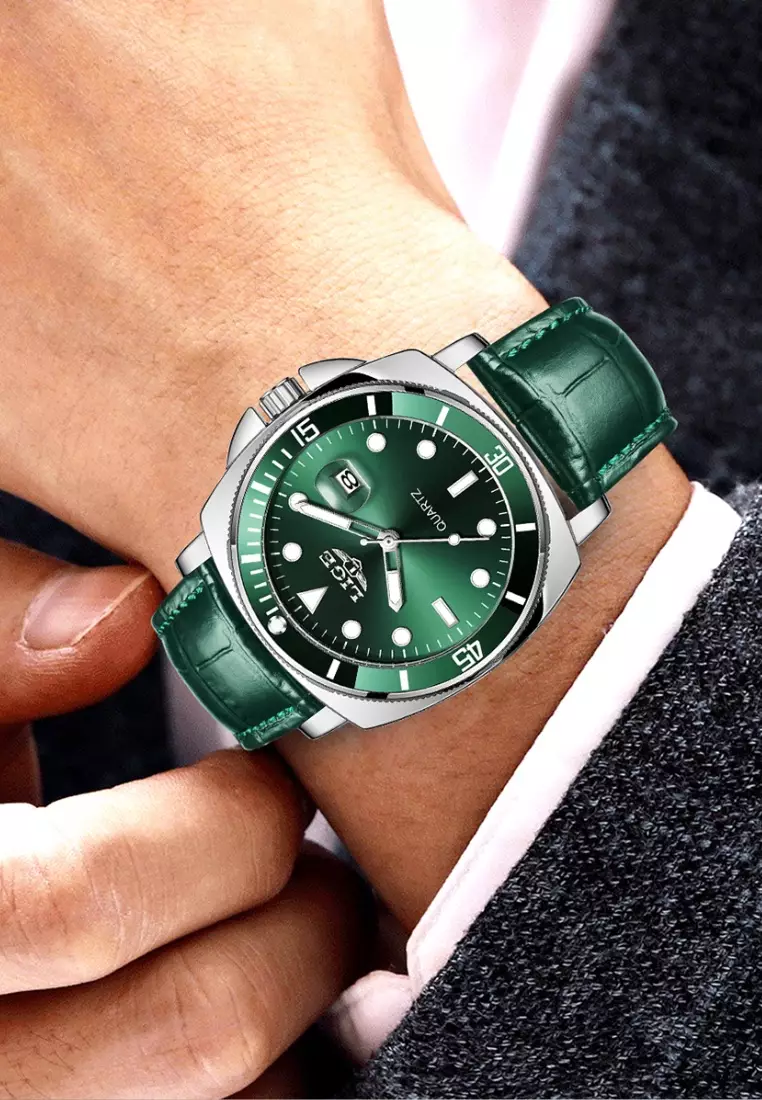 Unisex Classic Diver's Stainless Steel Quartz Watch with turning Bezel, Leather Strap