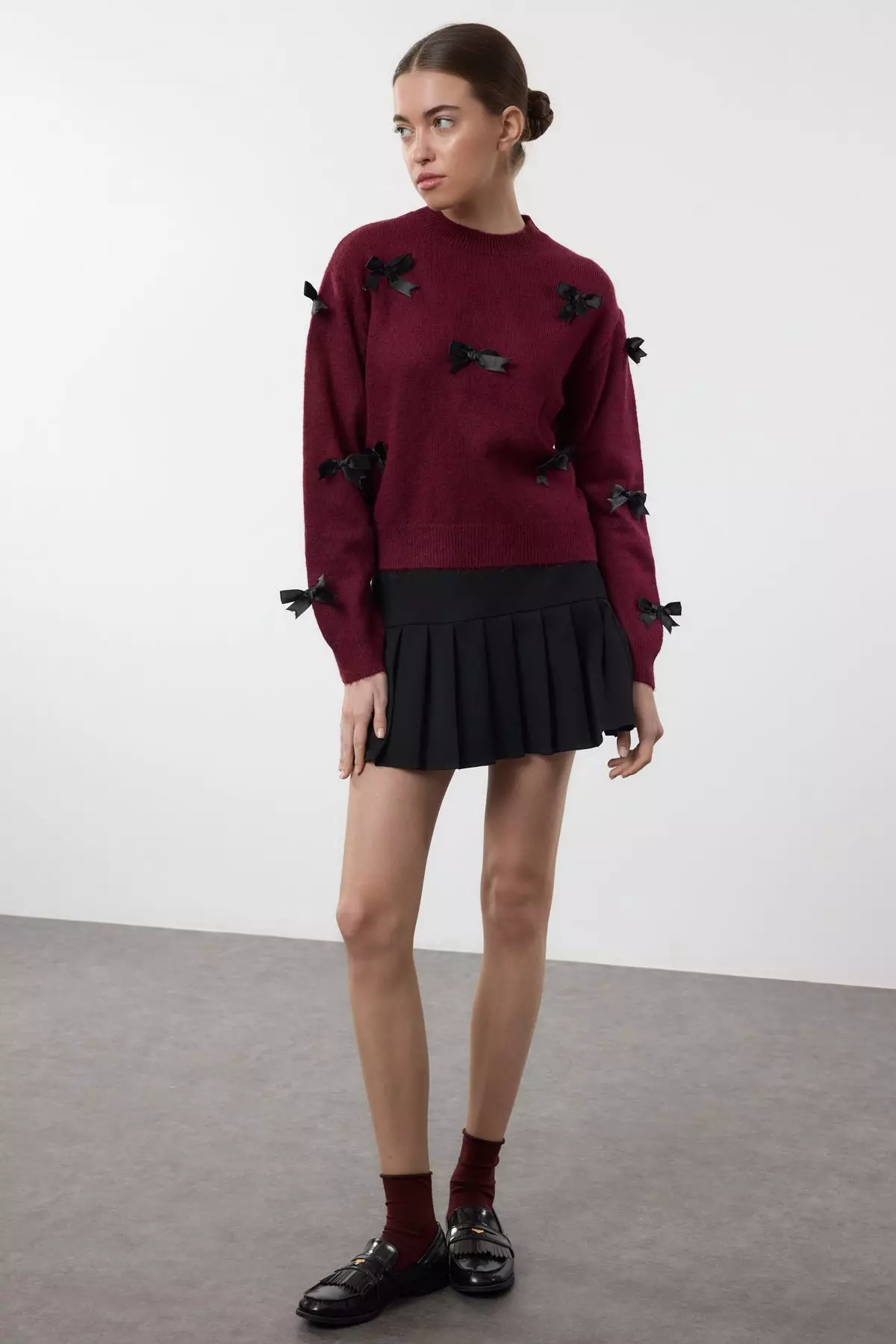 Claret Red Soft Textured Ribbon/Bow Detailed Knitwear Sweater TWOAW25KZ00155