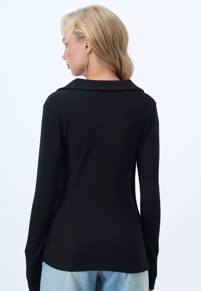 Shirt Collar Double Breasted Cut Drape Detailed Blouse