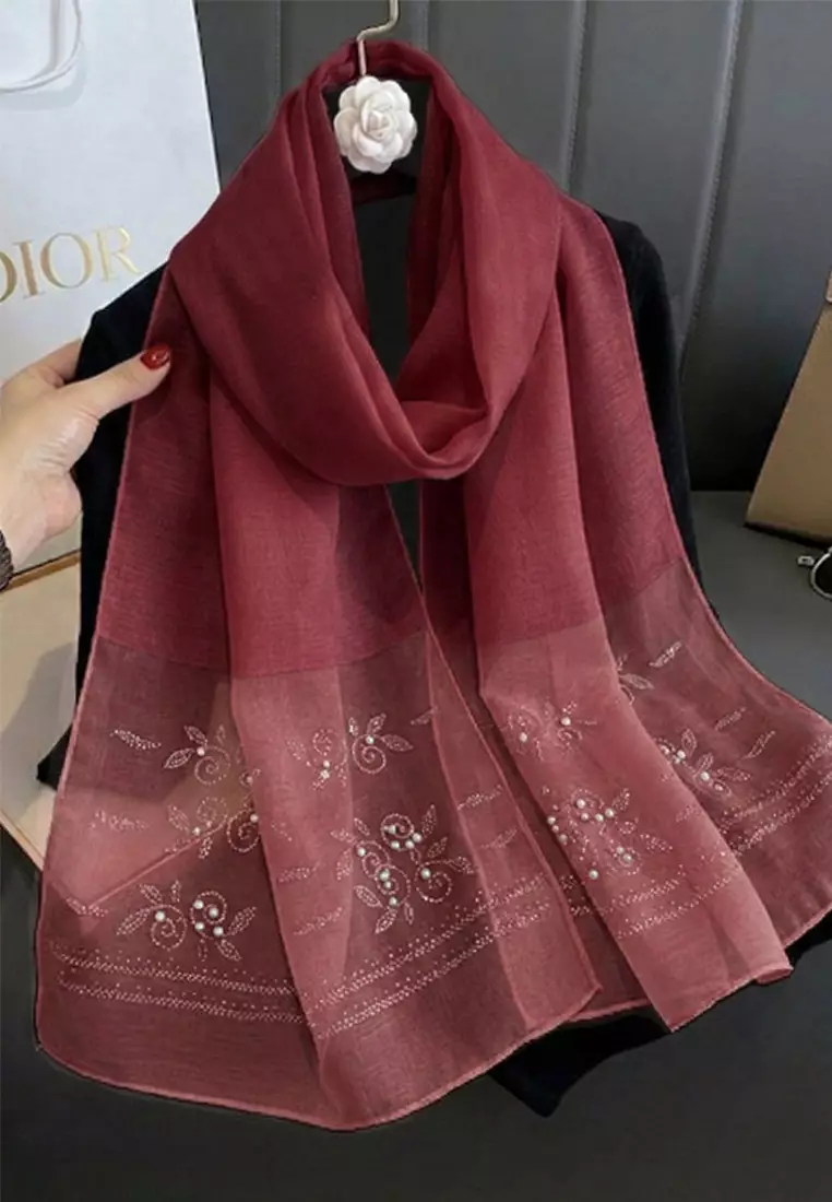 Aksesoris Syal Pesta Wanita Pearly Studs Embellish Floral Silk Shawl Syal Sutra Wanita Evening Shawl Red Heart