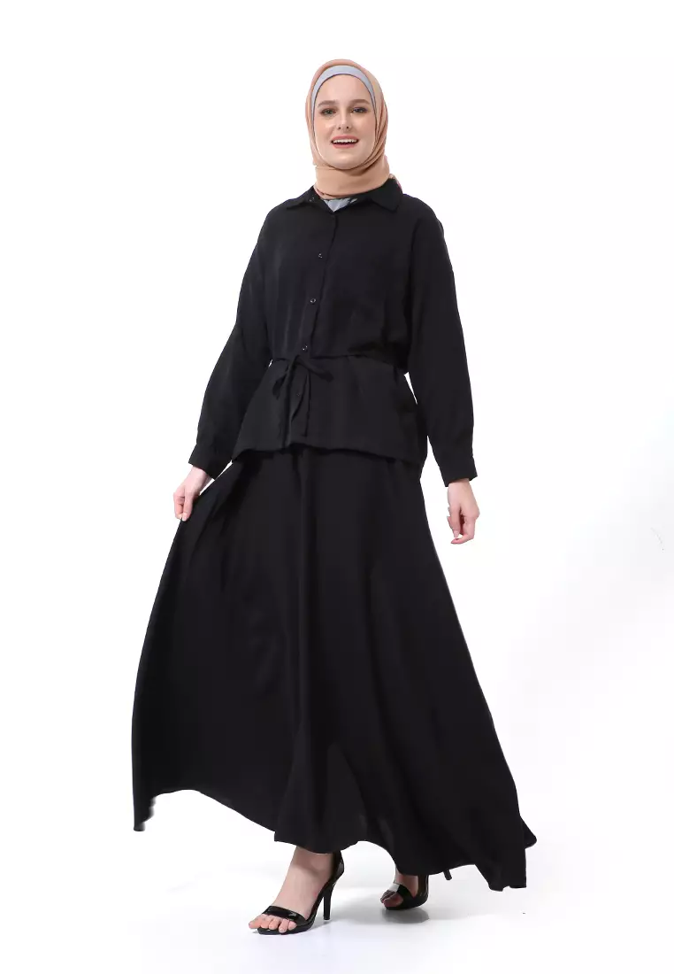 Biora Set Muslimah Atasan Bawahan Wanita Motif Polos High Quality Premium - Hitam