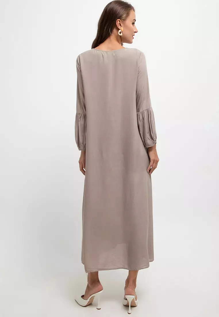 Crochet Lace Neckline Lantern Sleeve Long Dress