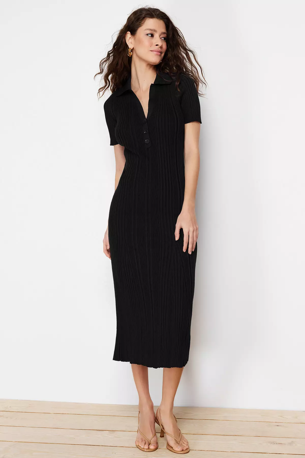 Black Maxi Polo Collar Knit Dress Twoss24El282
