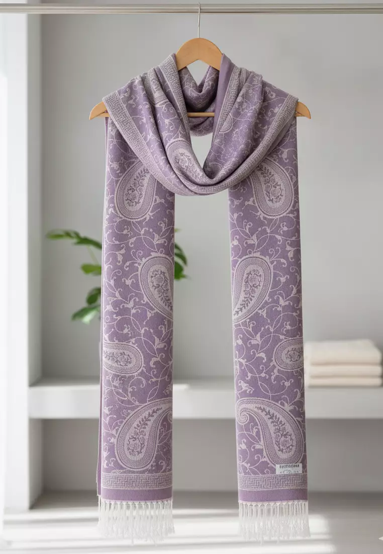 Reversible Viscose Paisley Pattern Pashmina Shawl Syal Wanita Floral Lilac
