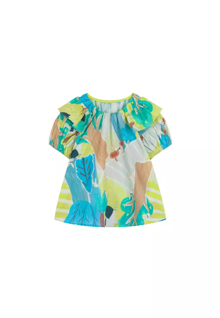 女大童短袖衬衫手绘印花荷叶边泡泡袖上衣