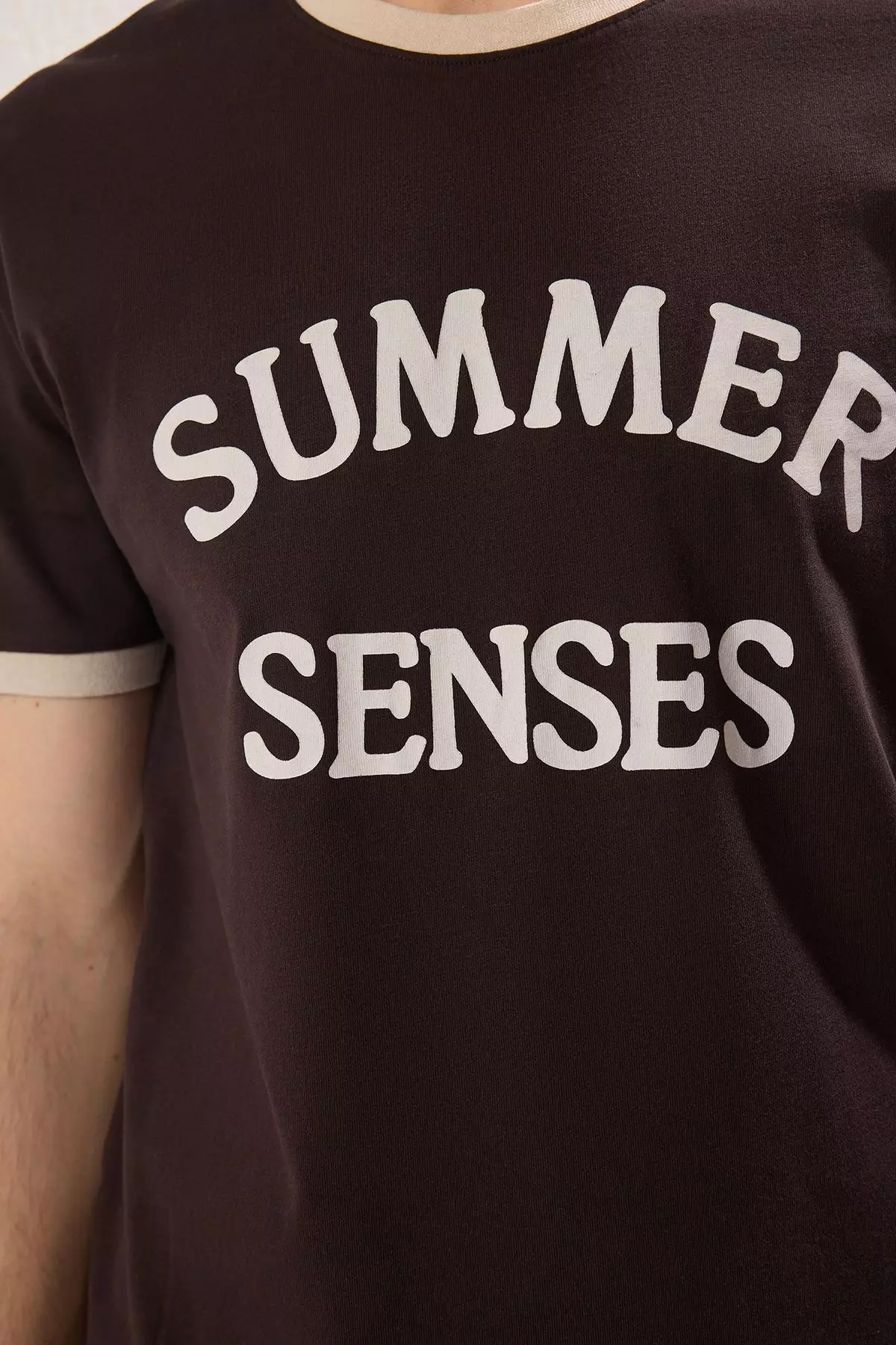 Brown Slim/Slim Cut Sleeve Detail Printed 100% Cotton T-Shirt TMNSS25TS00034