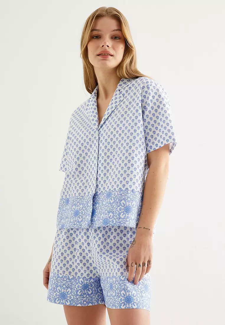 Pajama Top Short Sleeve Shirt Button Collar Cotton