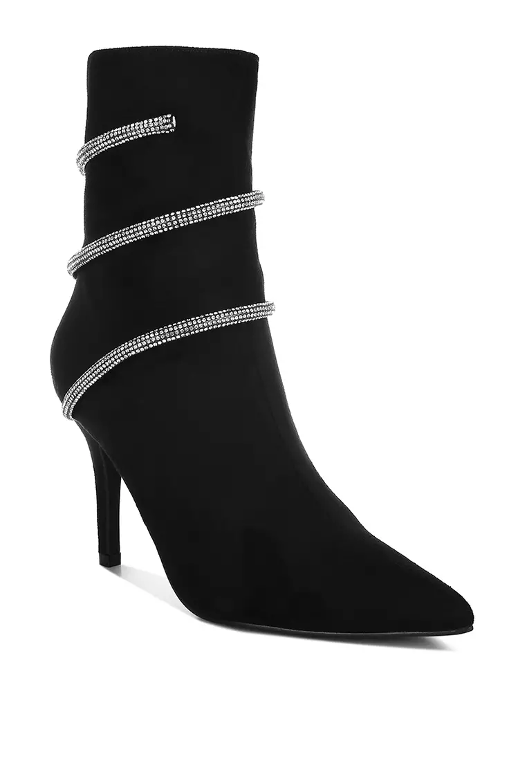 Rhinestone Wrap-Around Stiletto Boots in Black