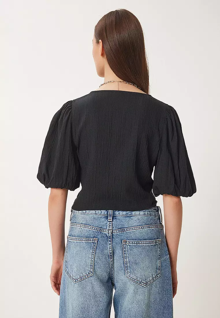 Balloon Sleeve Crop Woven Blouse