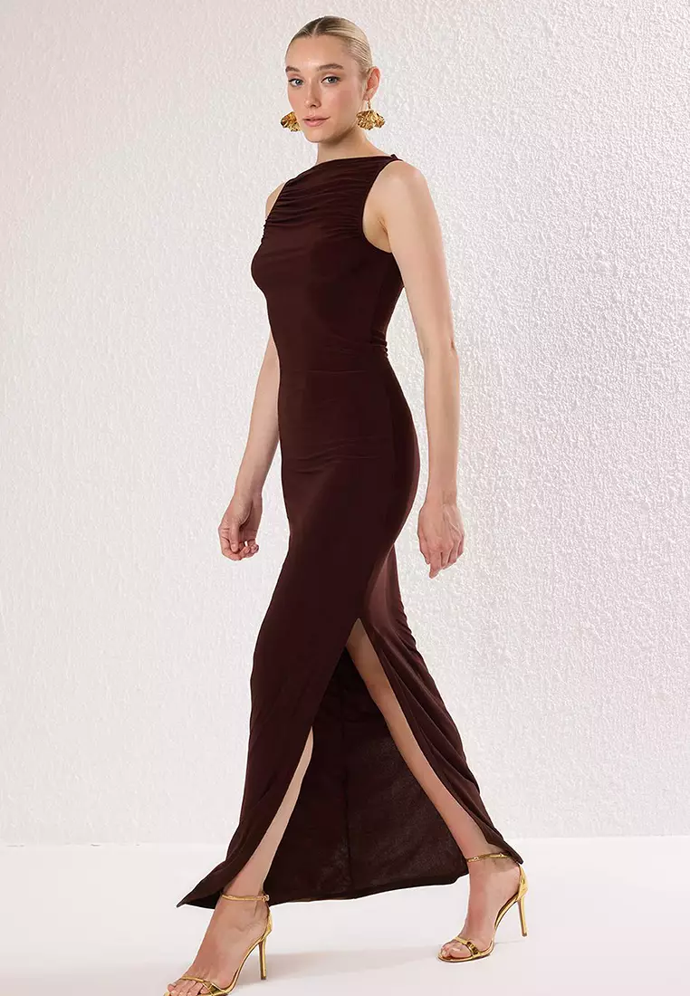 Brown Gathered Neckline Detail Knitted Long Stylish Evening Dress