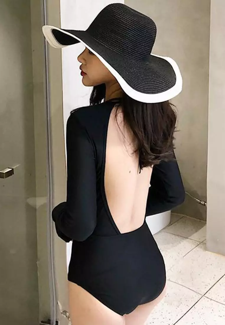 Conservative Long-Sleeved Belly-Covering Triangle One-Piece Swimsuit A22031729BK