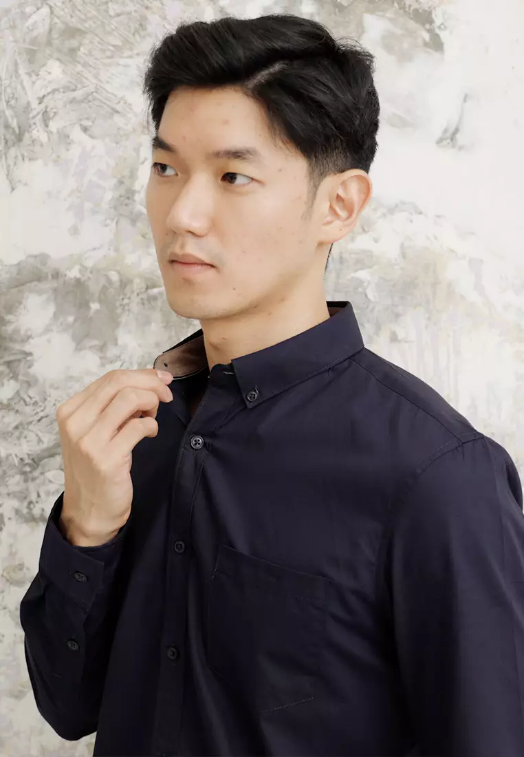 Kemeja tangan panjang Collarless koko cotton oxcon Navy