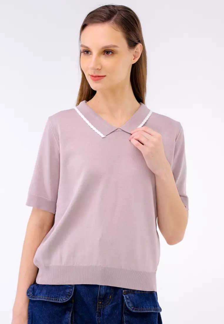 Knitted Plain Short Sleeve Blouse