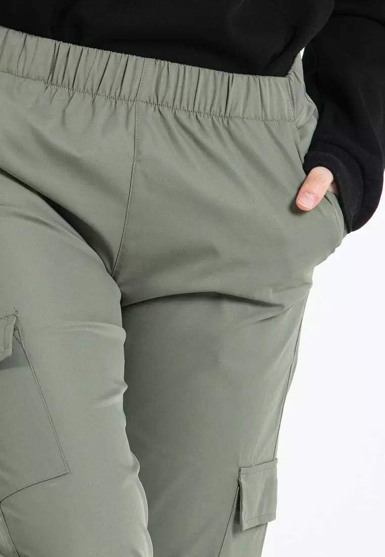 Forest Ladies Polyester Elastic Waisted Cargo Pants Women Casual Jogger Long Pants - 810494-48Olive