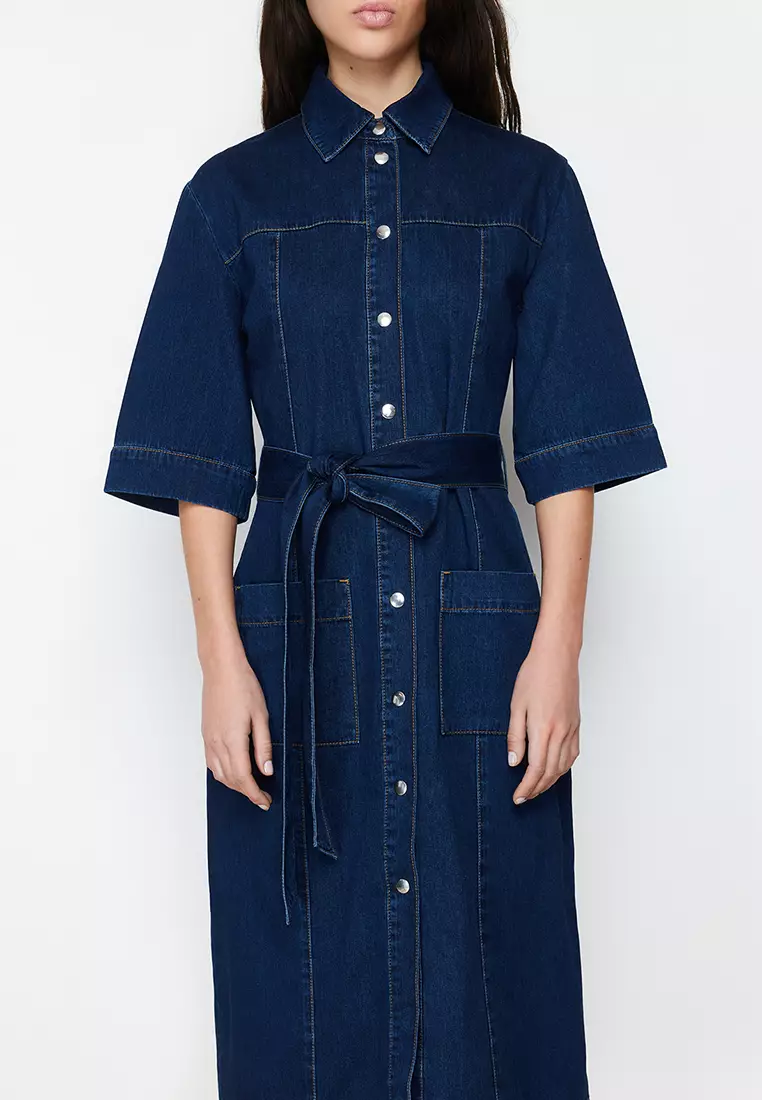 Cotton Denim Midi Shirt Dress