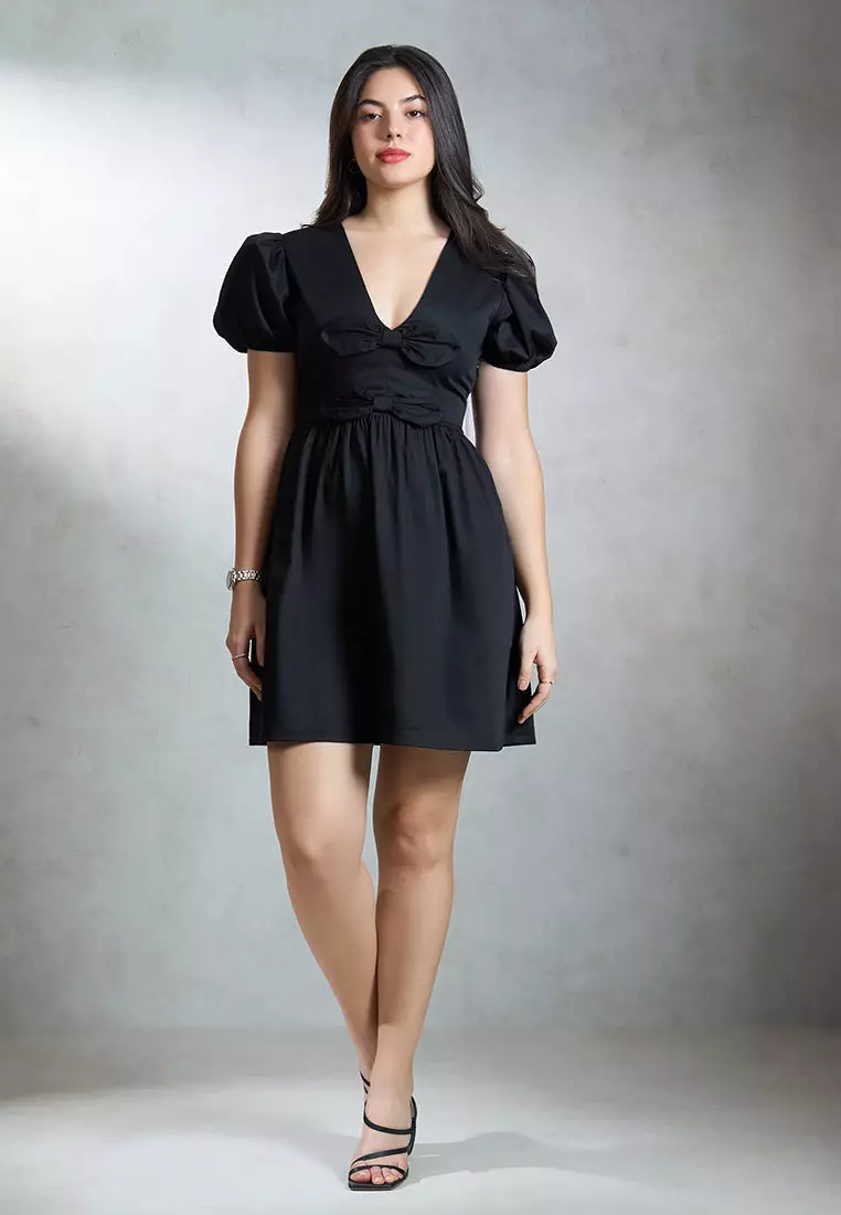 VIRGIO Cotton Stretch Black Mini Bow Dress