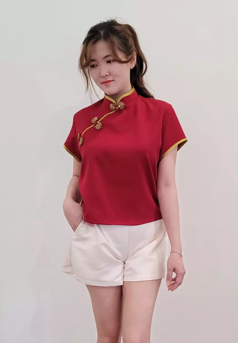 Ivory Cheongsam Cap Sleeves Top Red Maroon