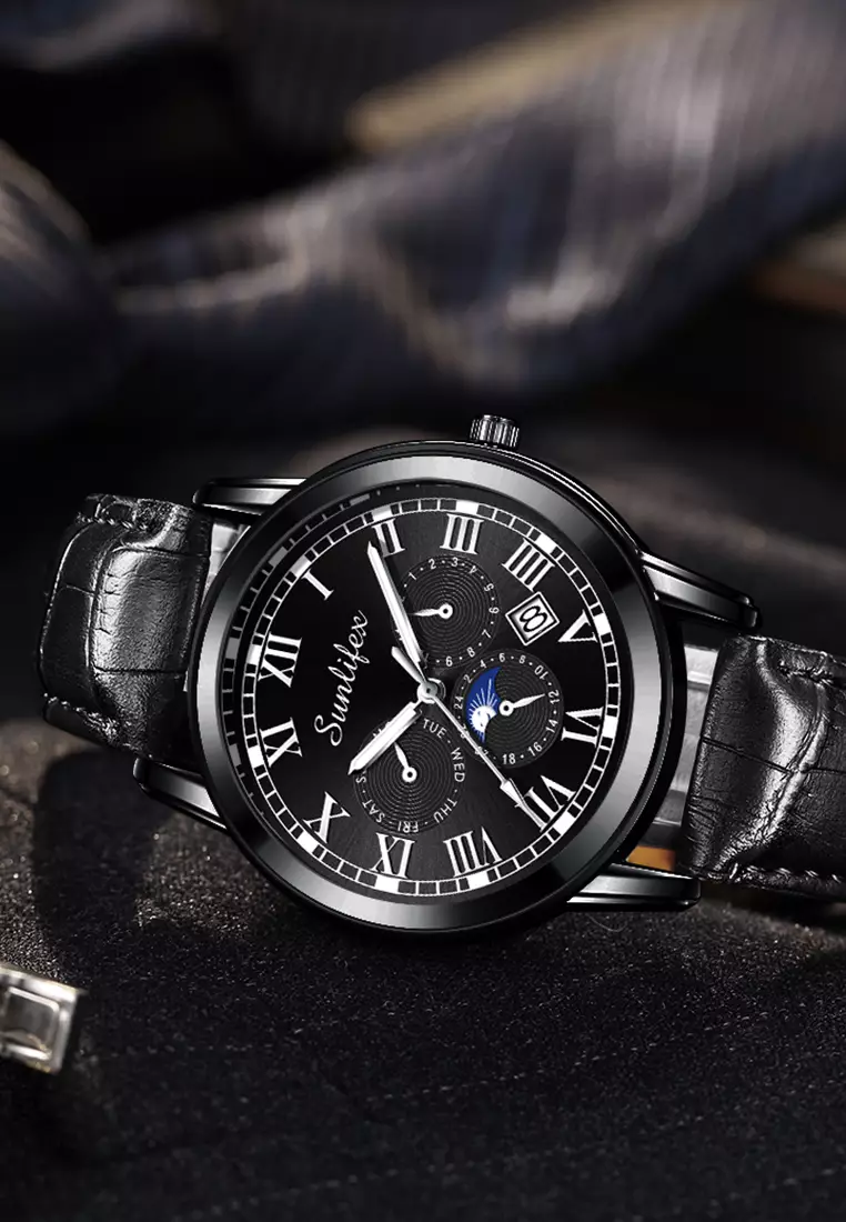 Jam Tangan Pria 7003 Kalender Kuarsa Santai Bisnis Tali Kulit Jam Tangan Cowok hitam