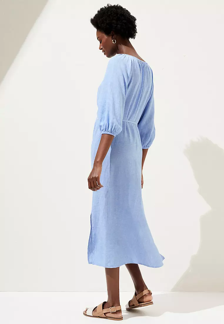 Linen Blend Tie Neck Midi Column Dress