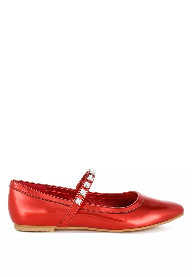 Metallic Mary Jane Ballerinas in Red
