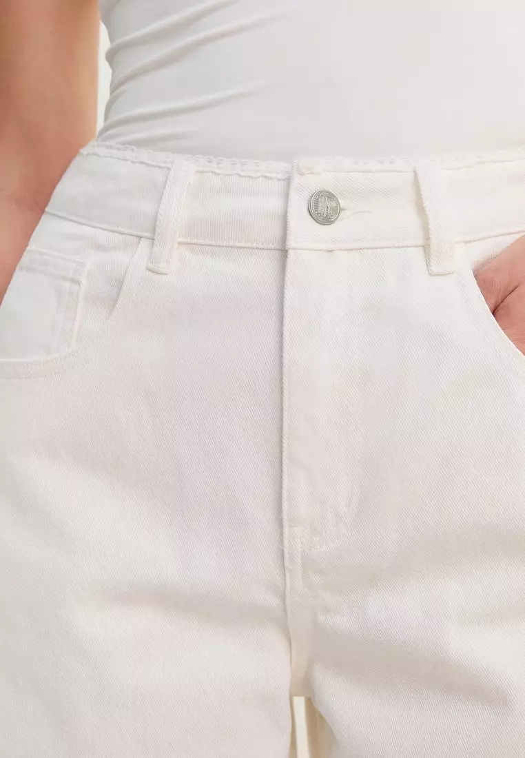 High Waist Wide Leg Denim Pants - White