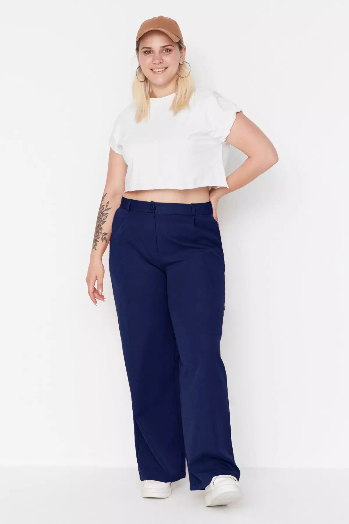 Navy Blue Wide Leg Large Size Woven Trousers - Tbbaw23Ar00007
