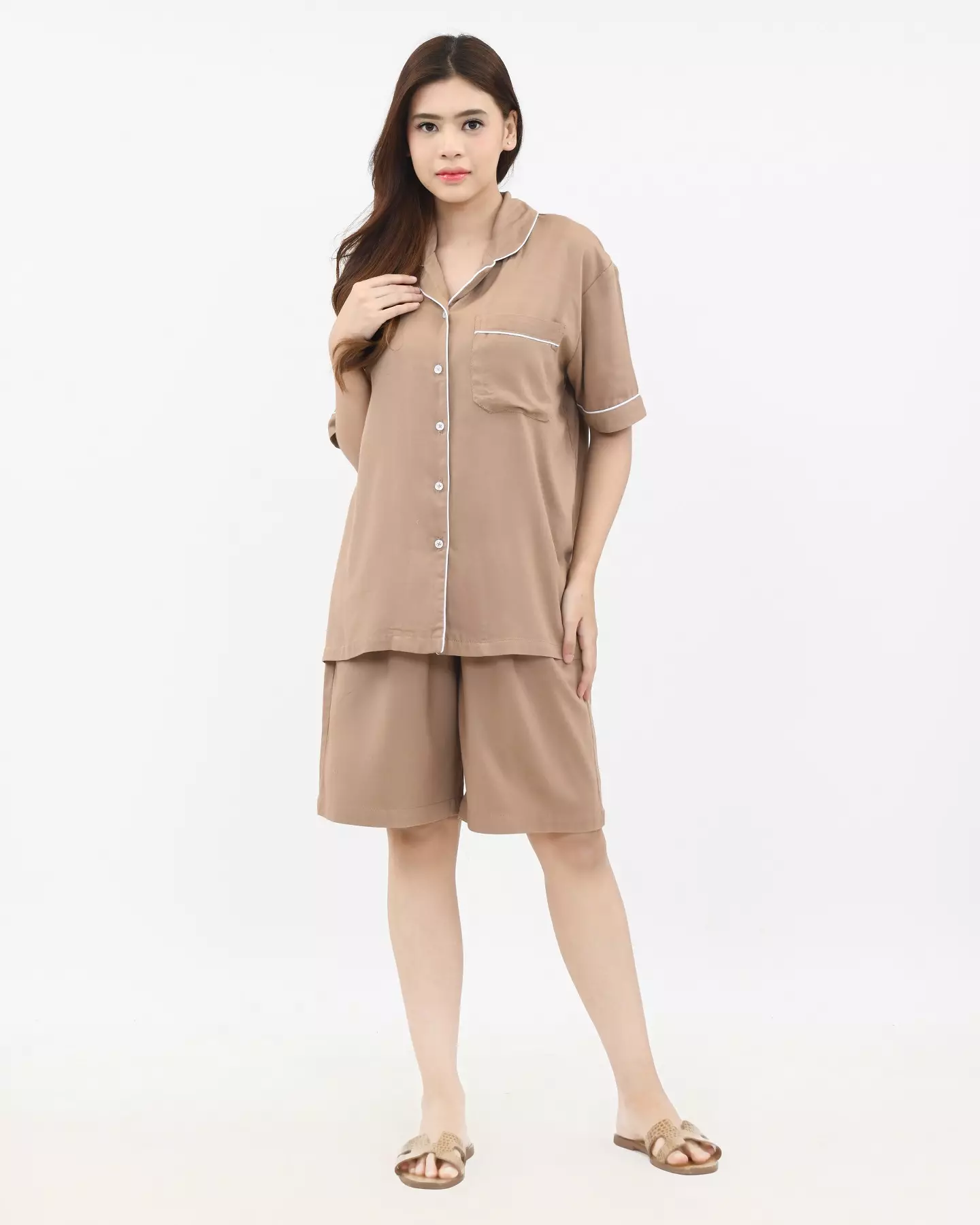 Setelan Piyama Katun Wanita Keisha [COKLAT] SIZE L-XXL Baju Tidur Short Sleeve Short Pants Plain Sleepwear