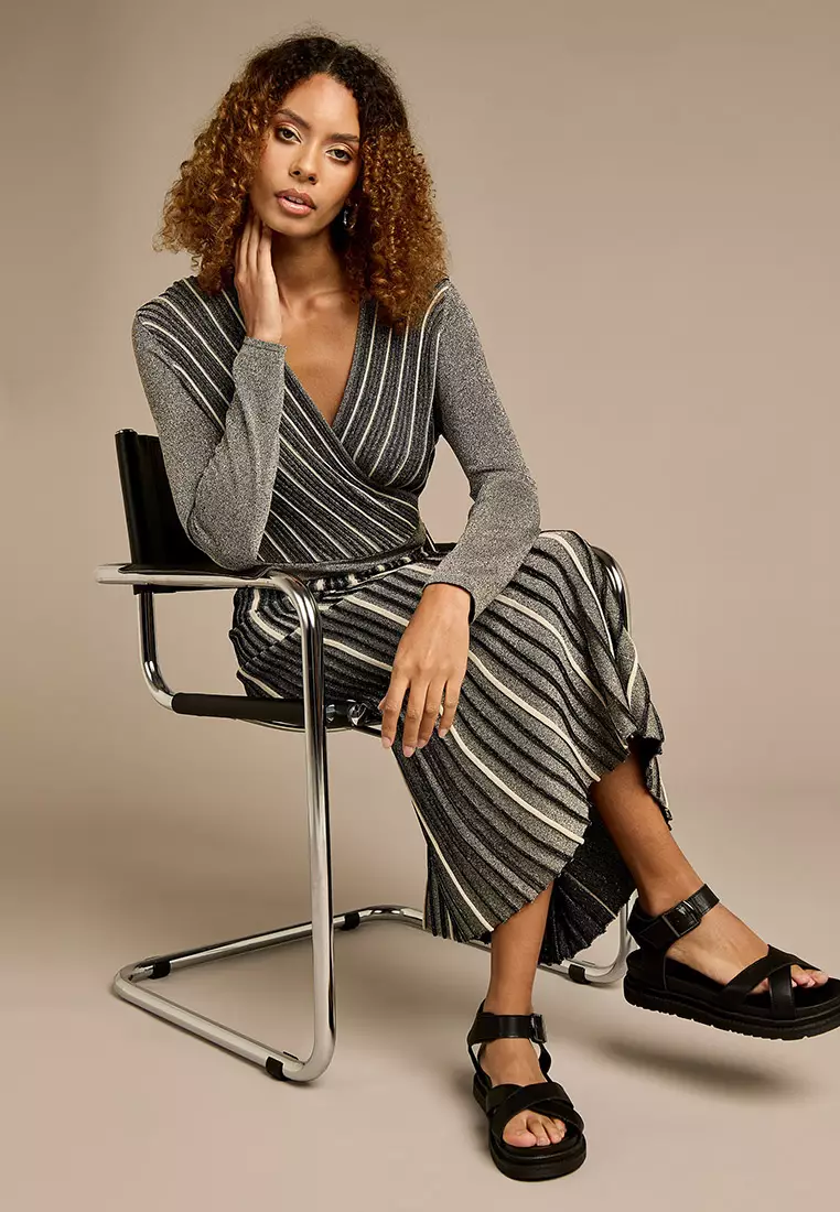 Eliza Striped Metallic Knitted Midi Dress