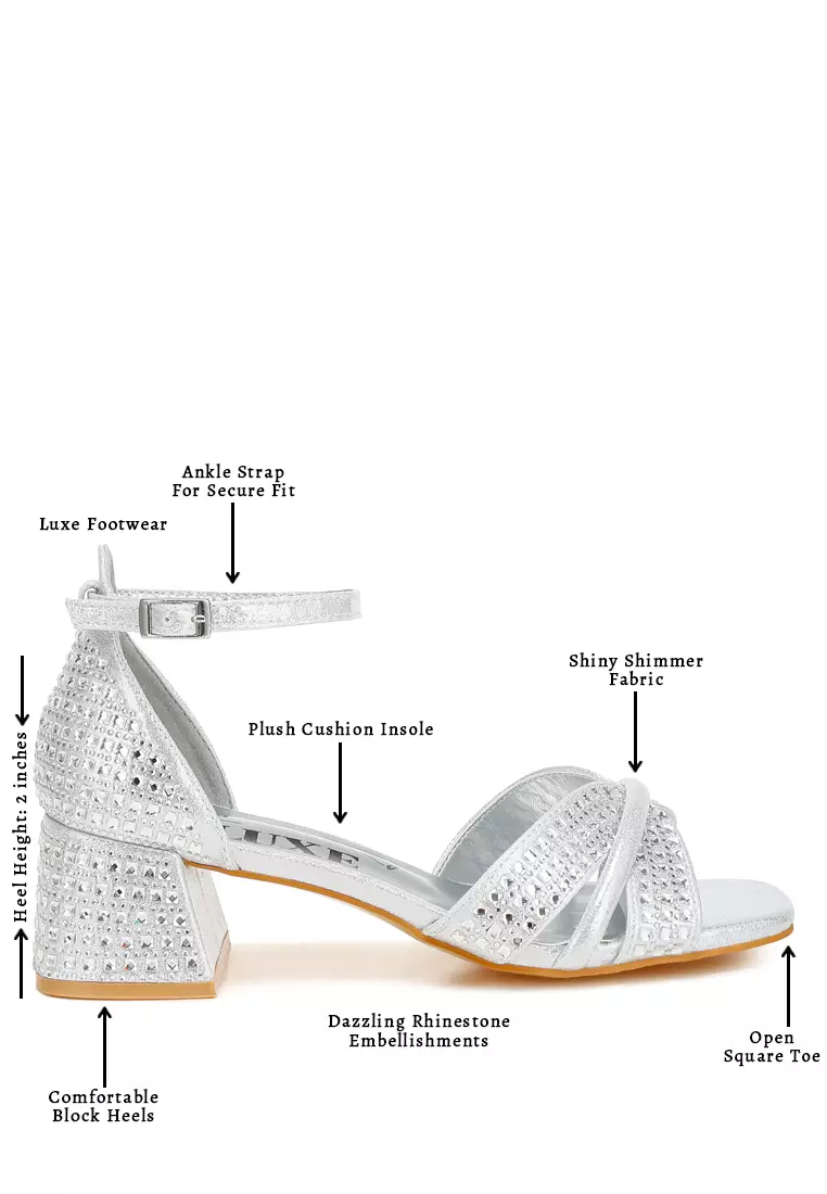 Low Block Heel Rhinestone Sandals in Silver