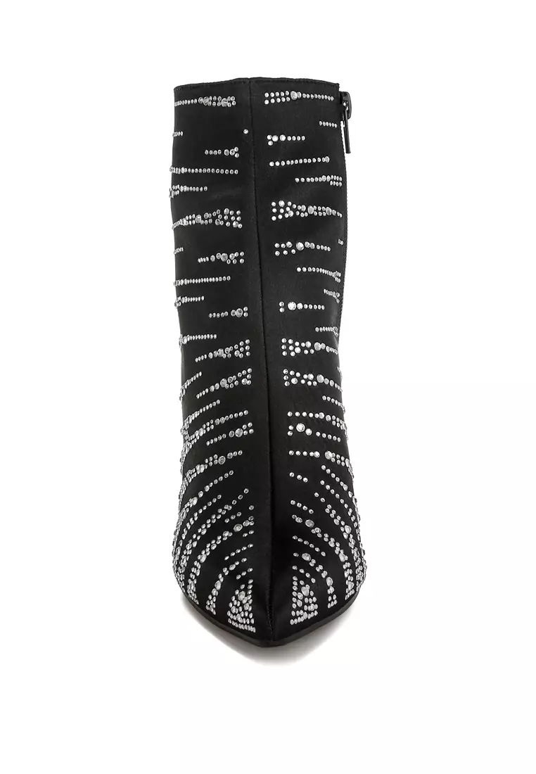 Sepatu Bot Pesta Satin Rhinestone Ankle Warna Hitam