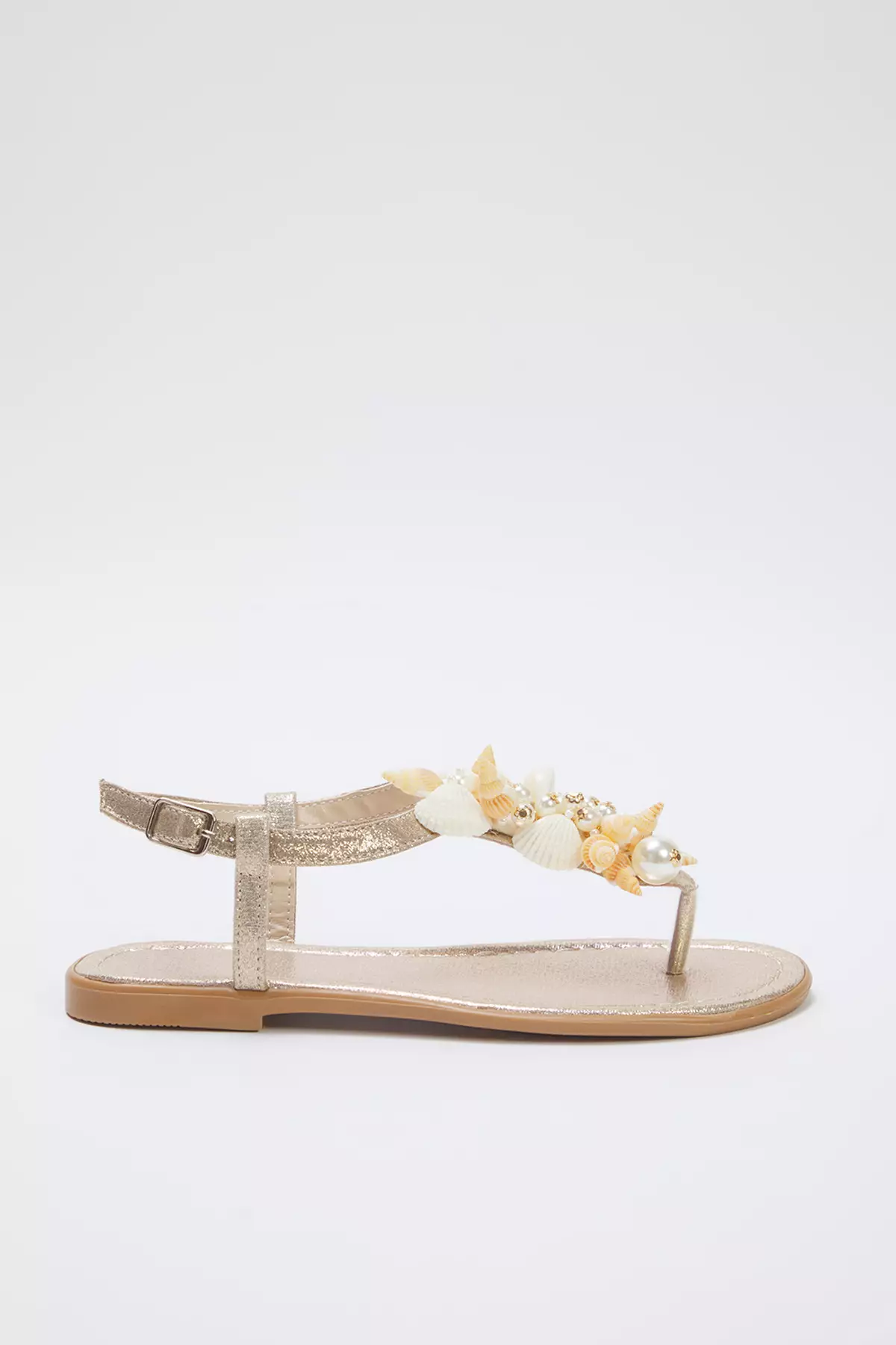 Gold Sea Shell Pearl Detailed Flip Flops Women Stylish Sandals Takss25Sd00008