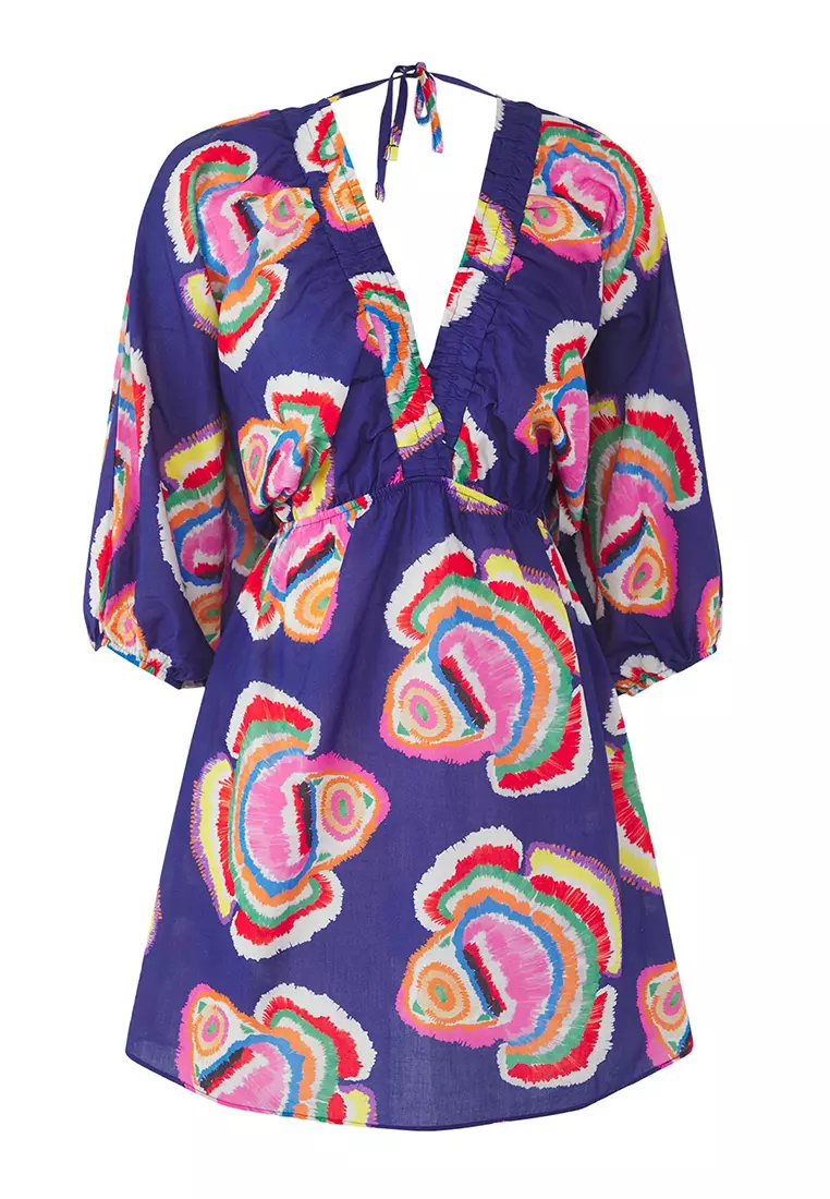 Underwater Pattern Mini Woven Balloon Sleeve 100% Cotton Beach Dress Tbess25El00082