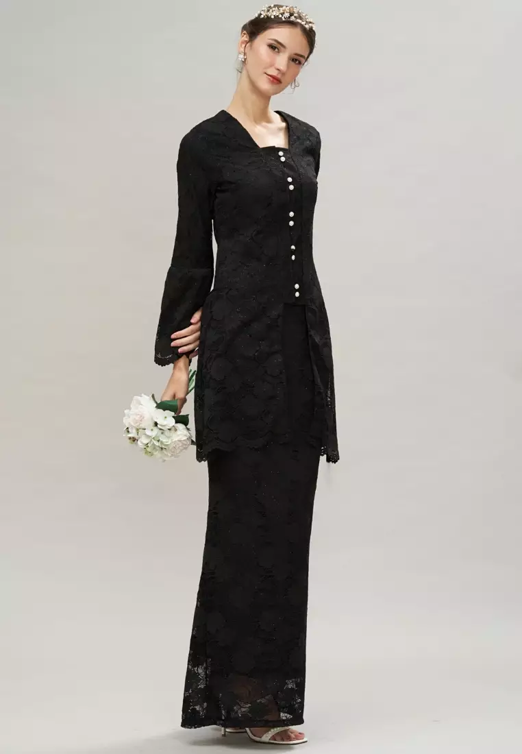 Loveaisyah Black Lace Puff Sleeve Modern Kebaya and Maxi Lace Skirt Hari Raya