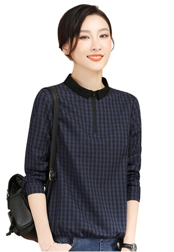 A-IN GIRLS navy Casual Checkered Long-Sleeved Blouse 2F684AAB3EBB98GS_1