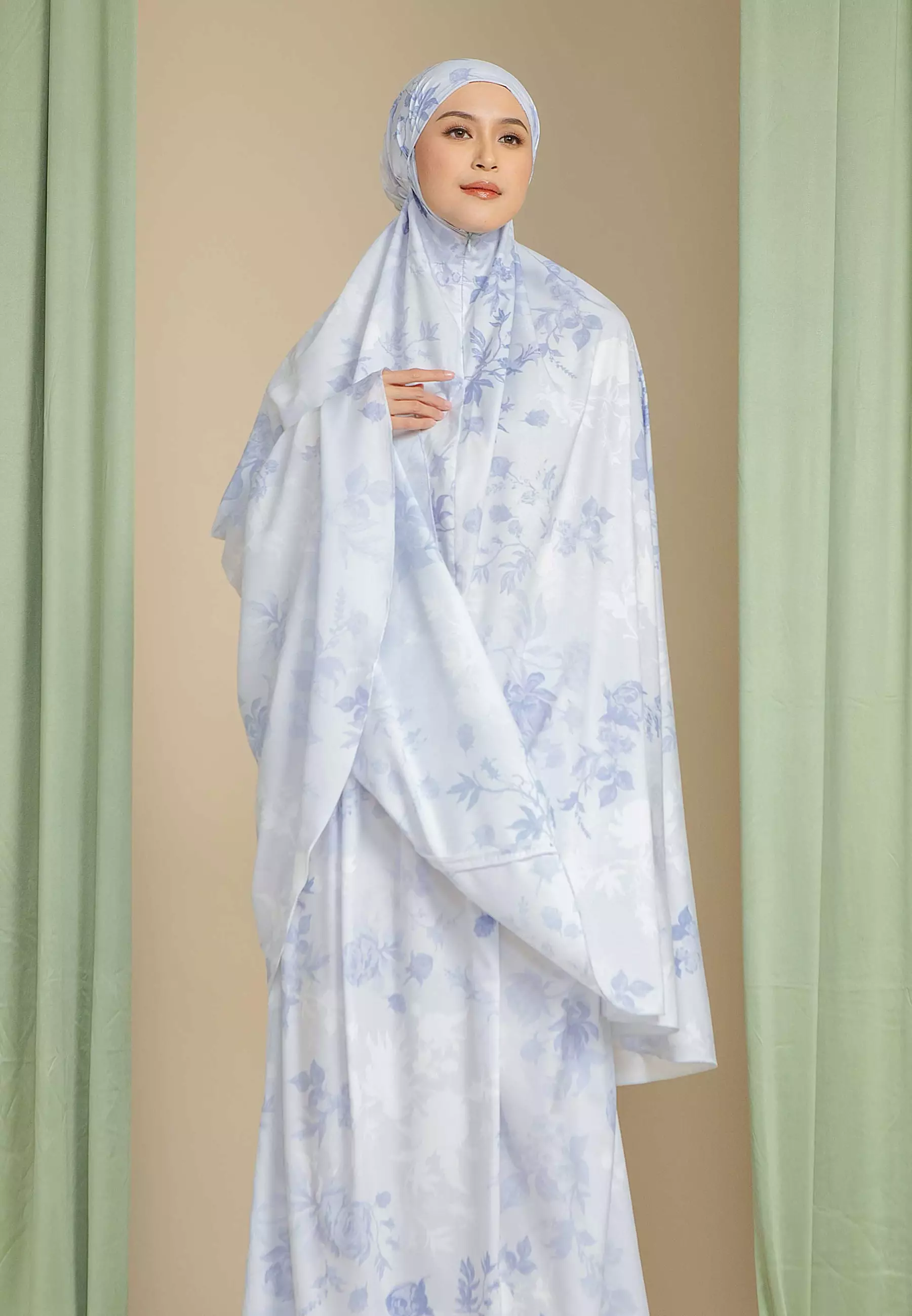 HijabChic Zayana Blue Prayer Set - Mukena Dewasa Satin Silk Premium Lembut Motif Bunga Mewah